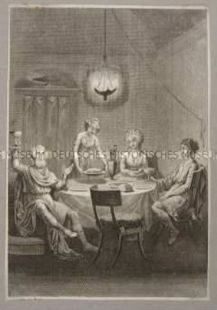 Tischszene - Männer und Frauen in antikischer Gewandung