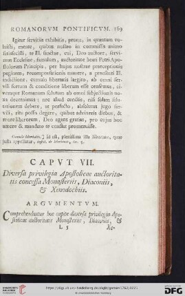 Caput VII: Diversa privilegia Apostolicae auctoritatis concessa Monasteriis, Diaconiis, & Xenodochiis