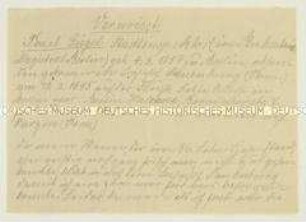 Handschriftliche Notizen (Fragment) von Frau Siegel zum Verschwinden des 86jährigen Paul Siegel während der Flucht aus Pommern - Personenkonvolut