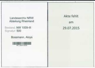 Entnazifizierung Aloys Bossmann , geb. 12.06.1908 (Landwirt)