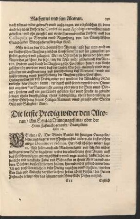 Die letste Predig wider den Alcoran/ Am Sontag Quinquagesima ....