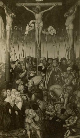 Die Kreuzigung Christi : Lucas Cranach der Jüngere (1515-1586). Die Kreuzigung Christi. Lindenholz, 120 x 715 cm, 1546. Dresden, Gemäldegalerie Alte Meister