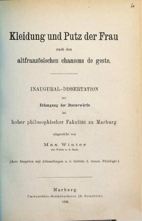 Kleidung und Putz der Frau nach den altfranzösischen Chansons de geste