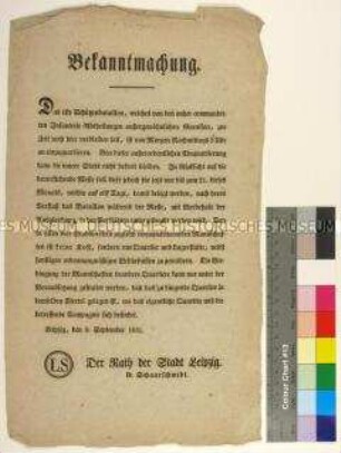 Bekanntmachung des Rates der Stadt Leipzig betreffend die Einqartierung des 1. Schützenbataillons