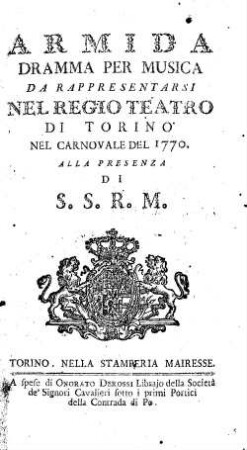 Armida : dramma per musica da rappresentarsi nel regio teatro di Torino nel carnovale del 1770