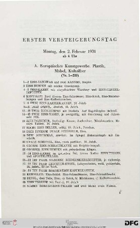 Erster Versteigerungstag: Montag, den 2. Februar 1931 ab 4 Uhr (Nr. 1-261)