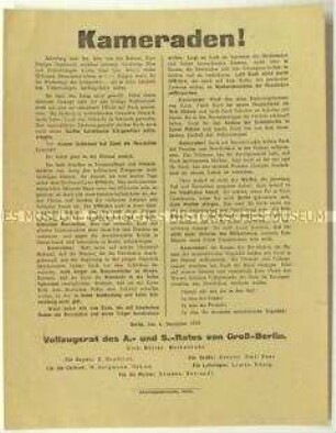 Aufruf des Berliner Vollzugsrates vom 4. Dezember 1918 an die heimkehrenden Soldaten zur Unterstützung der Revolution und der Soldatenräte