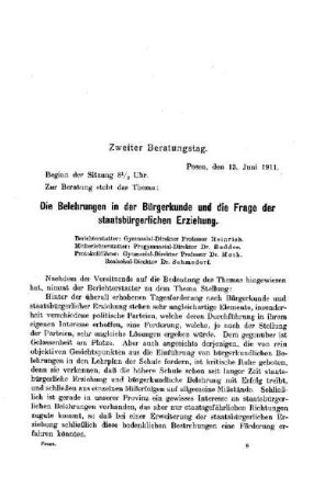 Die Belehrungen in der Bürgerkunde und die Frage der staatsbürgerlichen Erziehung : [Protokolle der Verhandlungen]