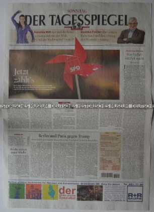 Tageszeitung "Der Tagesspiegel" mit Titel zur Mitgliederbefragung der SPD für Regierungsbeteiligung in einer Großen Koalition