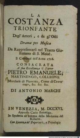 La costanza trionfante degl'amori, e de gl'odii