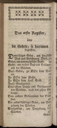 Das erste Register, über die Gebete, so hierinnen begriffen.