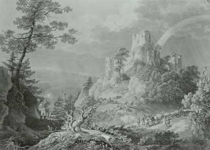 Burgruine mit Regenbogen (Gebirgslandschaft mit Burgruine und Langholzfuhrwerk)