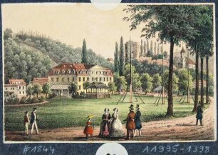 Das Bad (Kaltwasser-Heilanstalt) in Tharandt vor Ruine und Kirche im Hintergrund