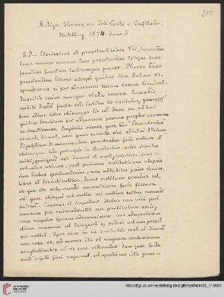Briefabschriften von Ernst Volger (1888) aus der Sammlung Rehdiger der Stadtbibliothek Breslau. Teil I: Baudiss, Beutterich, Ehemius, Haller, Melissus, Ostrorog, Pareus, Rehdiger und Reuter.: Brief von Thomas Rehdiger an Johannes Crato : Abschrift von E. Volger