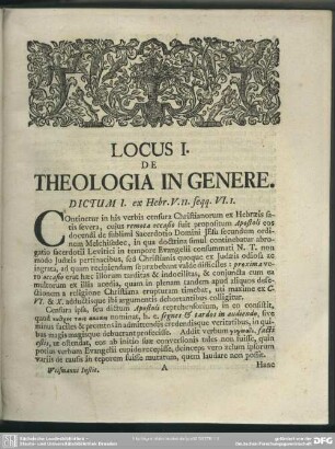 Locus I. De Theologia In Genere