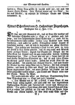 IV. Extract Schreibens von H. Hofprediger Ziegenhagen.