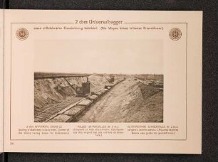 2 cbm Universalbagger, einen stillstehenden Eisenbahnzug beladend.