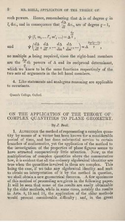 On the application of the theory of complex quantities to plane geometry.