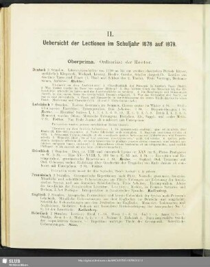 II. Uebersicht der Lectionen im Schuljahr 1878 auf 1879