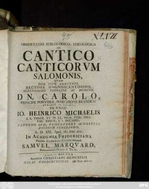 Dissertatio Philologico-Theologia De Cantico Canticorvm Salomonis