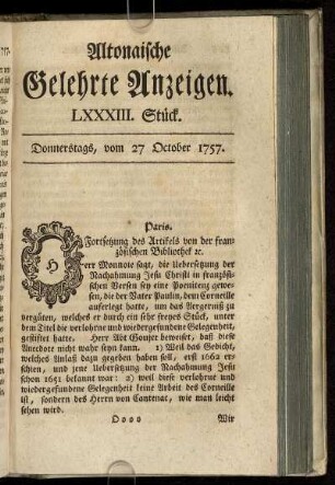 LXXXIII. Stück. Donnerstags, vom 27 October 1757
