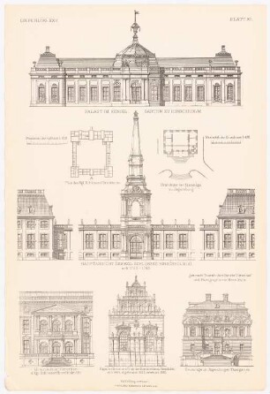 Palast im Königl. Garten und Schloss Hirschholm / Eremitage Jägersburg: Ansicht Gartenschloss, Hauptansicht, Seitenansichten, Grundriss Hirschholm, Ansicht Kapelle der Domkirche Roeskilde, Ansicht, Grundriss Eremitage (aus: Baukunst der Renaissance in Dänemark u. Schweden, hrsg. v. Zeichenaussch. d. Stud. d. TH Berlin, 1875)