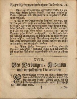 XVIII. Bey Werbungen, Ausnahm und vorfallenden Desertionen.