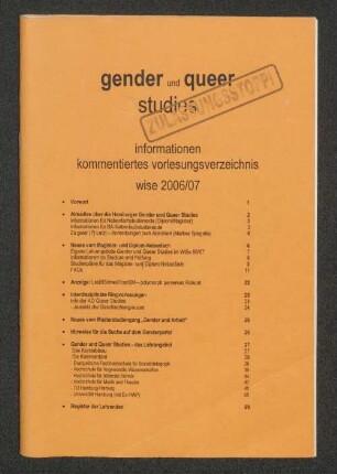 WS 2006/07: Gender und queer studies : Infos & kommentiertes Vorlesungsverzeichnis ...