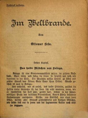 Im Weltbrande : Von Ottomar Beta. Romanbeilage des "Münchenerfremdenblatt."