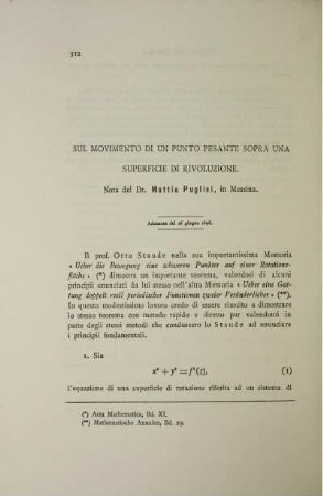 Sul movimento di un punto pesante sopra una superficie di rivoluzione.