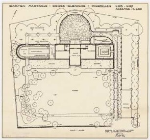 Garten am Landhaus Massolle, Berlin-Kladow: Plan des Gartens (überarbeitete Version) im Grundriss mit Erdgeschossgrundriss des Wohnhauses 1:200