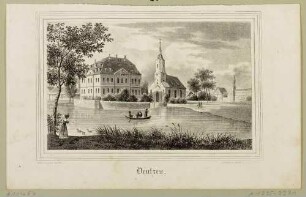 Ortsansicht von Deutzen (Neukieritzsch-Deutzen) westlich von Borna mit Kirche und Schloss, aus Sachsens Kirchen-Galerie von Hermann Schmidt, Bd. 6, 1841