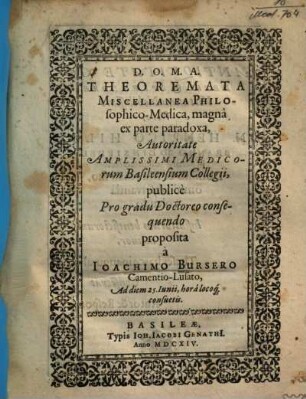 Theoremata Miscellanea Philosophico-Medica, magnâ ex parte paradoxa