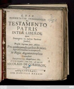 Dissertatio Inauguralis De Testamento Patris Inter Liberos