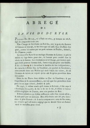 Abregé De La Vie De Du Ryer.