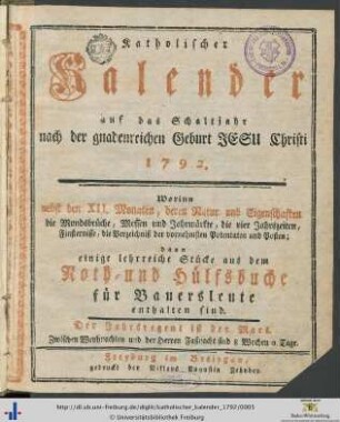 Katholischer Kalender: ... auf das Schaltjahr nach der gnadenreichen Geburt Jesu Christi 1792