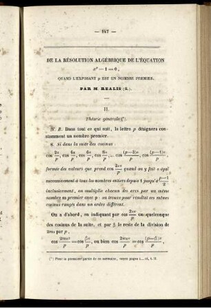 De la résolution algébrique de l´équation ... quand l´exposant ... est un nombre premier.