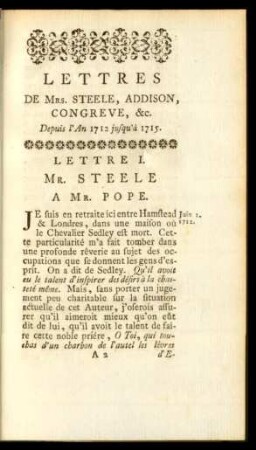 Lettres de Mrd. Steele, Addison, Congreve, &c.