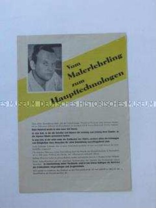 Propagandaflugblatt aus dem VEB Porzellanwerk Kahla zur beruflichen Entwicklung eines Kollegen