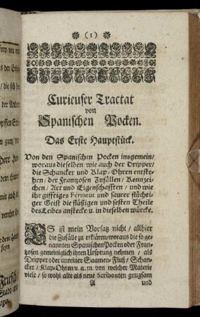Curieuser Tractat von Spanischen Pocken. Das Erste Hauptstück.