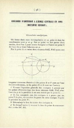 Concours d'admission a l'École Centrale en 1892 (deuxième session).