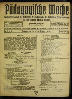 Westfälischer Provinzial-Verein des Kath. Lehrer-Verbandes des Deutschen Reiches : Vertreter-Versammlung am Osterdienstag (2. April 1918) in Dortmund ; Tagesordnung
