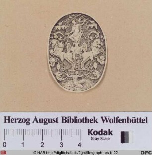 Vignette mit Streitwagen, Pferden, einem Lenker und Groteskfiguren.