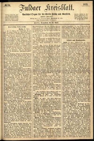 Erste Ausgabe vom Samstag, den 26. April 1873.
