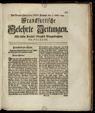Num. LXXXI. Freytags, den 9. Octob. 1744 - Num. XC. Dienstags, den 10. Novemb. 1744