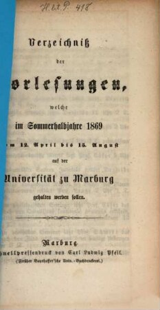 Verzeichnis der Vorlesungen. 1869, 1869. SH.