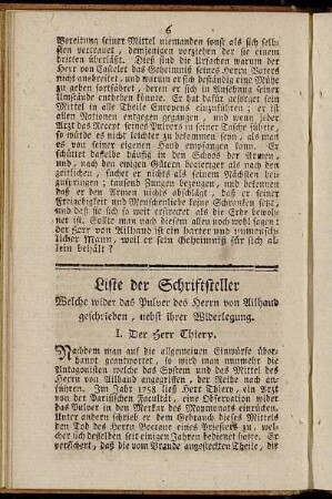 Liste der Schriftsteller Welche wider das Pulver des Herrn von Ailhaud geschrieben, nebst ihrer Widerlegung.
