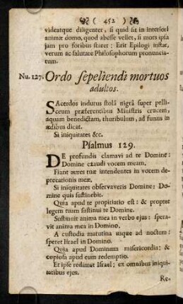 452-464, Num.127. Ordo sepeliendi mortuis adultos. - Num.128. Ordo sepeliendi Parvulos.
