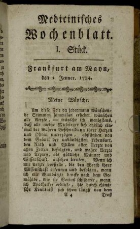 I. Stück. Frankfurt am Mayn, den 2 Jenner. 1784. - IIII. Stück. Frankfurt am Mayn, den 23 Jenner. 1784.