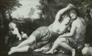 Mythologische Szene, Liebespaar mit Amorette : Venezianischer Maler: Mythologische Szene, Liebespaar mit Amorette. Supraporte. Ölmalerei. Dresden: Gemäldegalerie Alte Meister (Pillnitz)